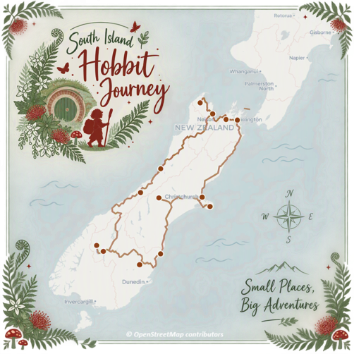 New Zealand South Island Hobbit Journey Map New Zealand South Island Hobbit Journey Map
